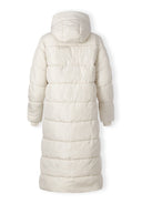Back view of a cream maxi length padded jacket with a hood and ribbed cuffs.