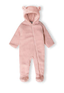 Light pink baby snowsuit with hood and ears, front view, full-length zip.