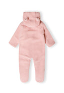 Light pink baby snowsuit with hood and ears, back view, full-length zip.
