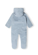 Back view of a light blue baby unisex sherpa snowsuit with 3D ears.