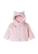 Light pink baby jacket with hood and ears, front view, featuring button closure.