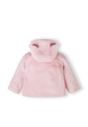 Baby jacket in light pink with hood and ears, back view.