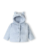 Light blue baby unisex faux fur jacket with 3D ears, front view.