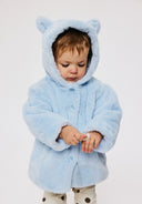 Light blue unisex faux fur jacket with 3D ears, front view, button fastening.