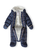 Navy baby unisex snowsuit with attached mitts, front view, floral print.