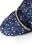 Detail of navy baby snowsuit mitt with floral print and elasticated cuff.