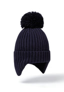 Navy baby pom pom hat with ear pieces, front view, ribbed design.