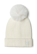 Cream ribbed baby beanie with a fluffy pom pom, front view.