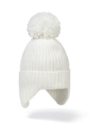 Knitted baby hat in cream with ear pieces and pom pom, front view.