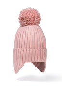 Baby knitted pink hat with ear pieces and pom pom, front view.