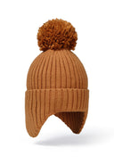 Beige baby pom pom hat with ear pieces, front view.