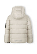 Boys grey jacket with hood, back view, featuring quilted design and logo badge.