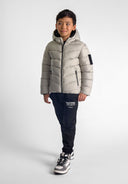 Boys grey jacket with hood, central zip, and side zip pockets.