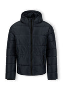 Men's navy jacket with zippered pockets, high collar, and adjustable hood.