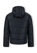 Back view of a navy men's jacket with a hood and quilted design.