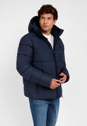 Men's navy jacket with zippered pockets and adjustable hood, front view.