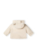 Baby teddy jacket in cream, back view with hood and no buttons.