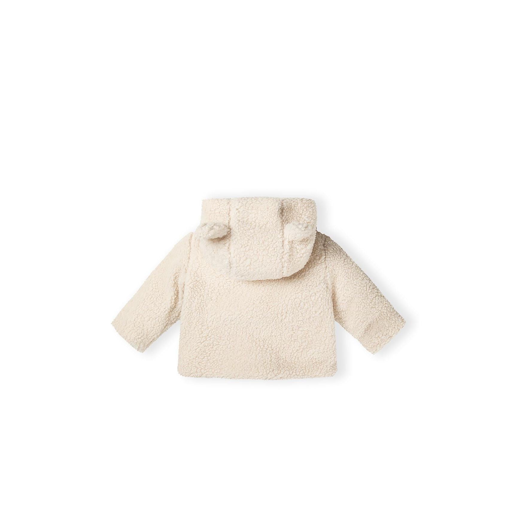 Back view of cream teddy jacket showing hood with bear ears and plush texture on white background