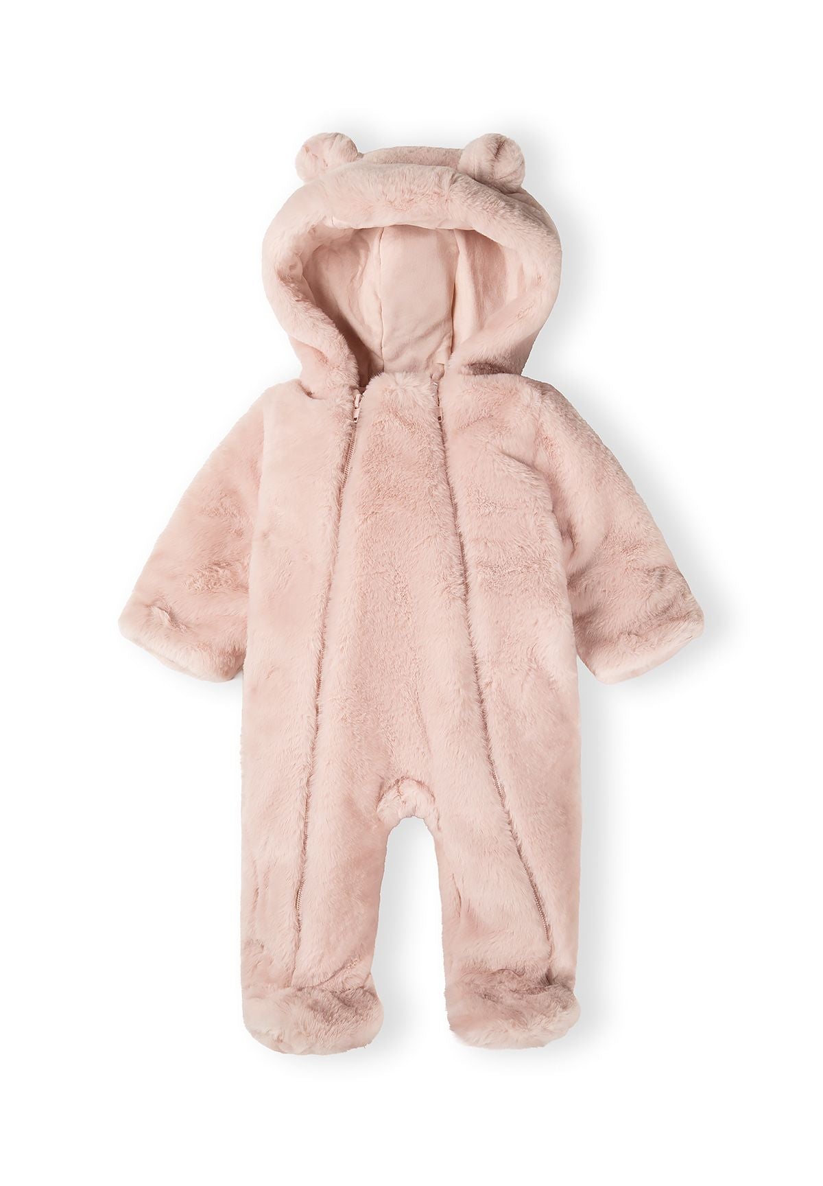 Light pink faux fur snowsuit with hood featuring bear ears, displayed flat against white background showing full front view with double zip closure
