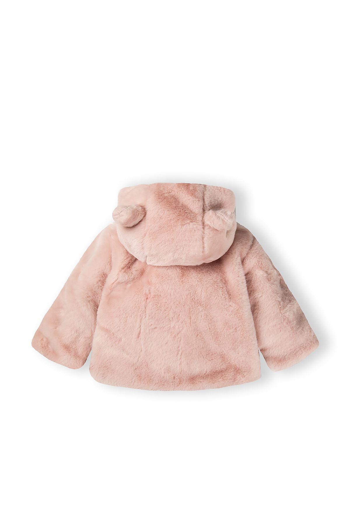 Light pink faux fur baby jacket with bear ears hood displayed back view on white background