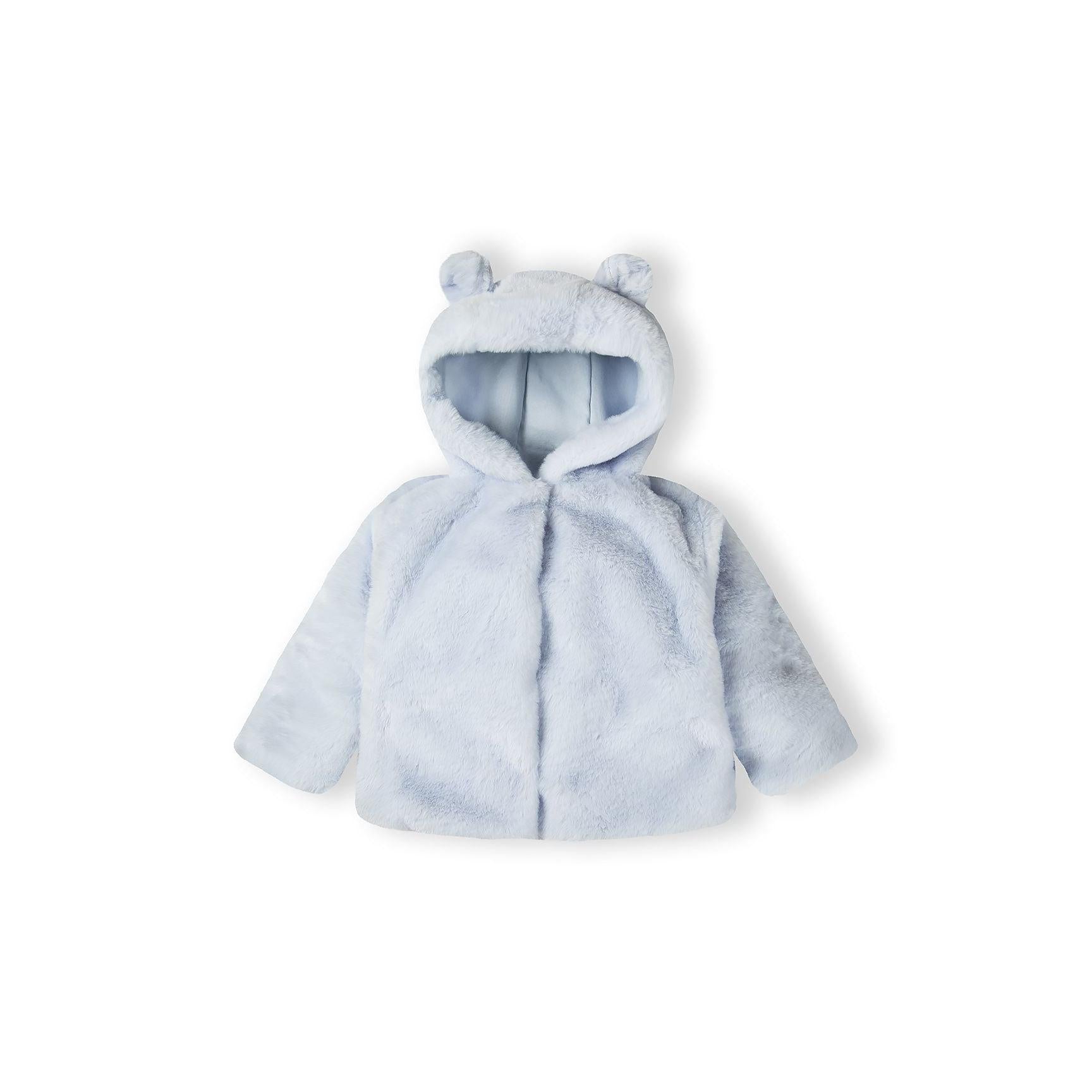 Front view of light blue baby jacket with bear ear hood, button fastening and soft faux fur texture on white background