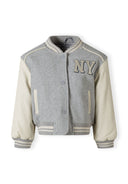 Girls baseball style jacket with faux leather sleeves grey 2-14y featuring button closure and striped ribbed cuffs and collar