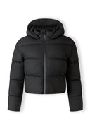 Black short quilted women's jacket with hood and high collar, front view.