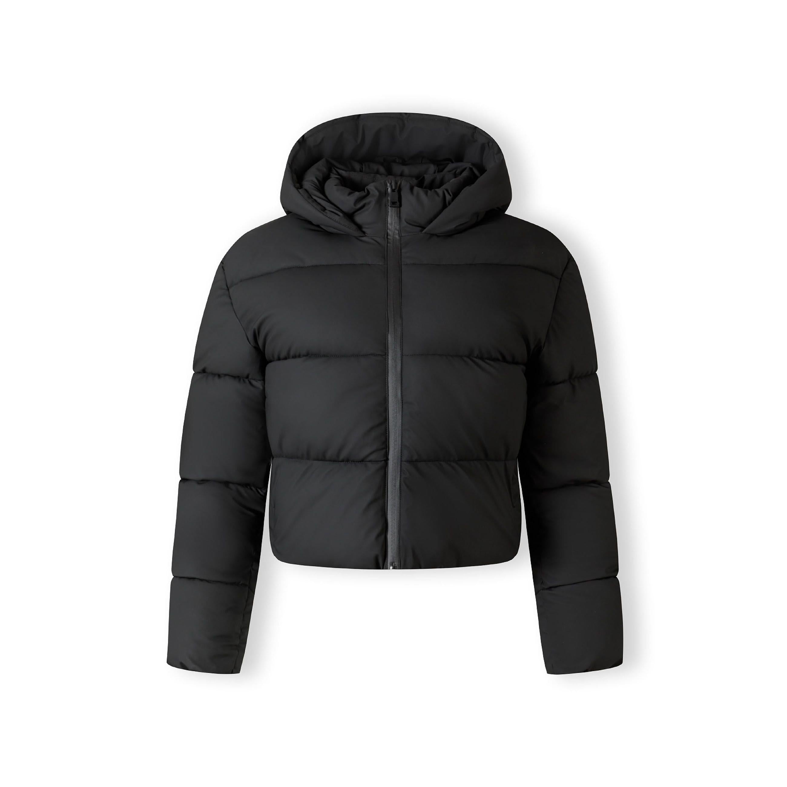 Back view of black quilted jacket showing hood detail and quilted construction, white background
