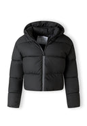 Black short quilted women's jacket with hood and high collar, front view.