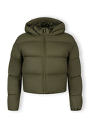 Women short quilted jacket in khaki with a hood, front view, featuring a full-length zipper.