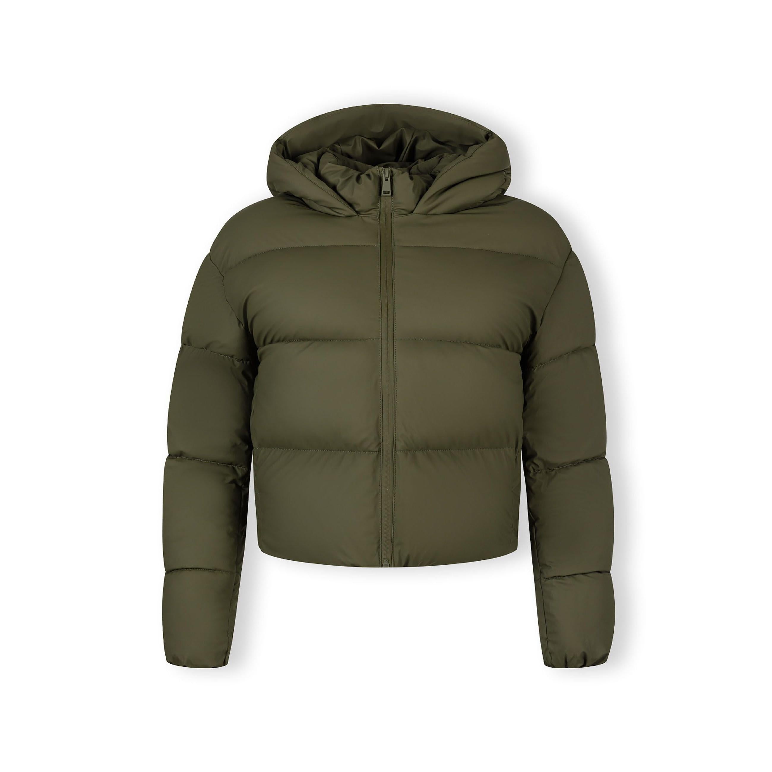 Back view of khaki quilted jacket with hood showing horizontal quilting pattern and cropped length on white background
