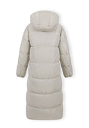 Back view of a long cream quilted winter jacket with a drawstring hood.