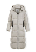 Long quilted winter jacket with drawstring hood, front view, featuring zipped pockets and elastic cuffs.
