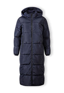 Long quilted winter jacket in navy with drawstring hood and front zipper.