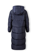 Back view of a long navy quilted winter jacket with a drawstring hood.