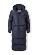 Women long navy quilted winter jacket with drawstring hood and zippers, front view.