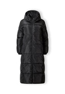 Long black quilted winter jacket with drawstring hood, front view, featuring a full-length zipper and elastic cuffs.