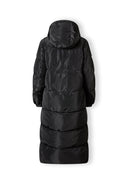 Back view of a long black quilted winter jacket with a drawstring hood.