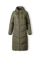 Women long quilted winter jacket in khaki with a fixed hood and contrasting zip.