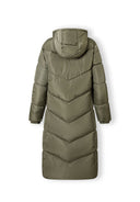Back view of a long khaki quilted winter jacket with a fixed hood and elasticated cuffs.