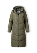 Long khaki quilted winter jacket with fixed hood and contrasting zip, front view.
