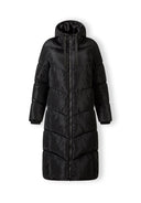 Long black quilted winter jacket with drawstring hood and contrasting zipper, front view.