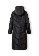 Back view of a long black quilted winter jacket with a drawstring hood and elasticated cuffs.