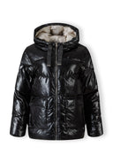 Black quilted short hooded jacket with zip and flap pockets, front view.