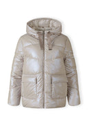 Women quilted short jacket in grey, featuring a hood, zip closure, and two flap pockets.