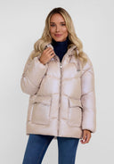 Women quilted short jacket in light grey, front view with hood and zip pockets.