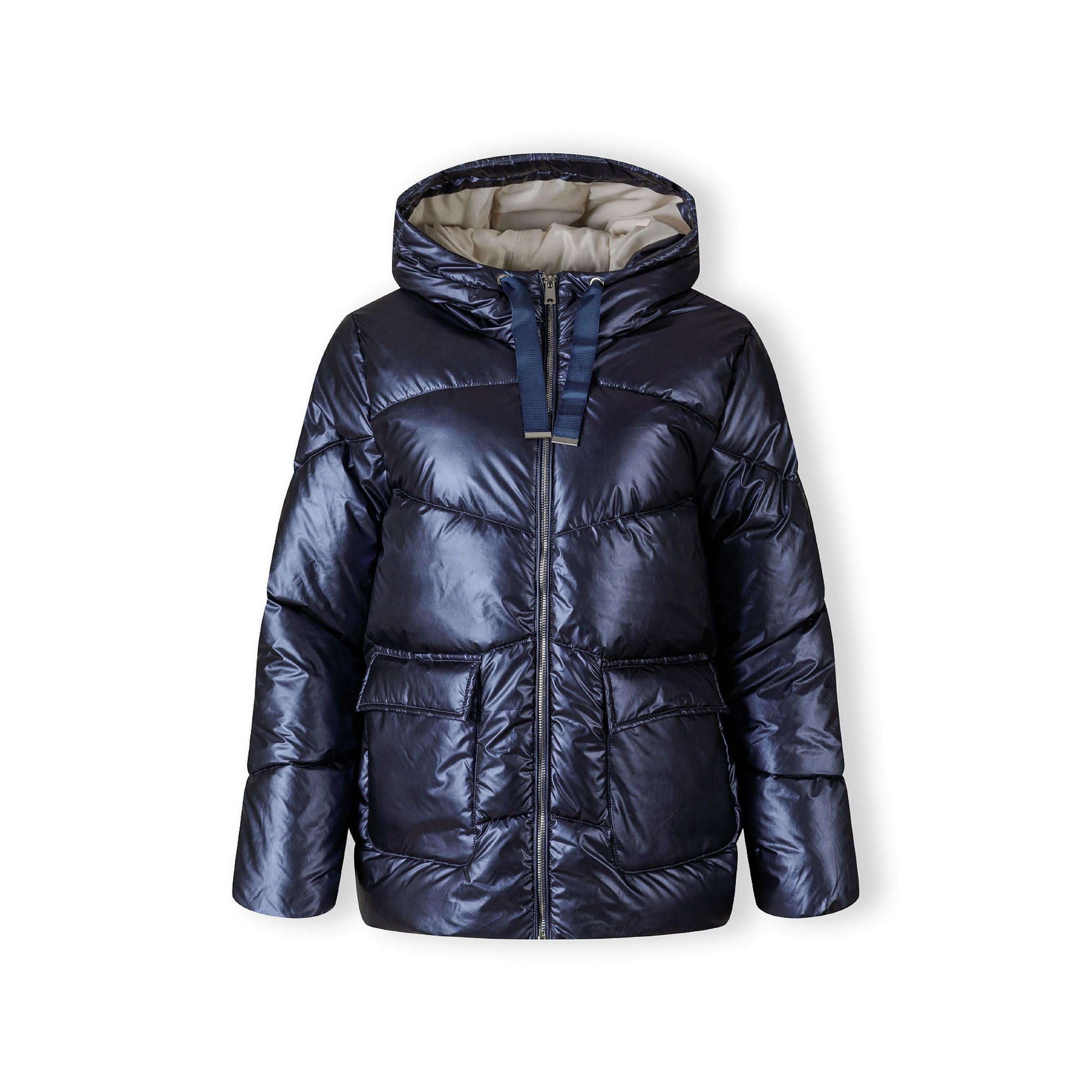 Back view of navy quilted puffer jacket showing hood construction and padded panel design on white background