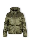 Women’s hooded padded jacket in olive, featuring a full-length zipper and two side pockets.