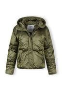 Women’s hooded padded jacket in olive, front view with central zipper and two side pockets.