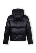 Back view of a women's short insulated hooded jacket in black with curved stitched detailing.